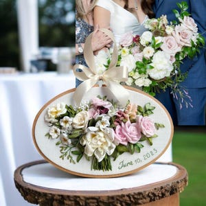 Bridal Bouquet Replica from Photo, Framed Custom Ribbon Embroidery. Personalized 2nd 4th 12th wedding anniversary gift for wife.