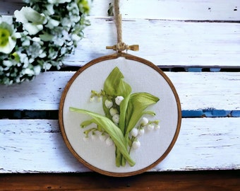 Lilies of the valley wall picture, silk ribbons embroidery, 4 inch round picture framed, May birthday gift.
