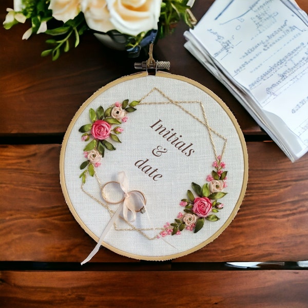 Custom ring bearer pillow, Personalized embroidered wedding ring cushion, Monogrammed floral sign invitation