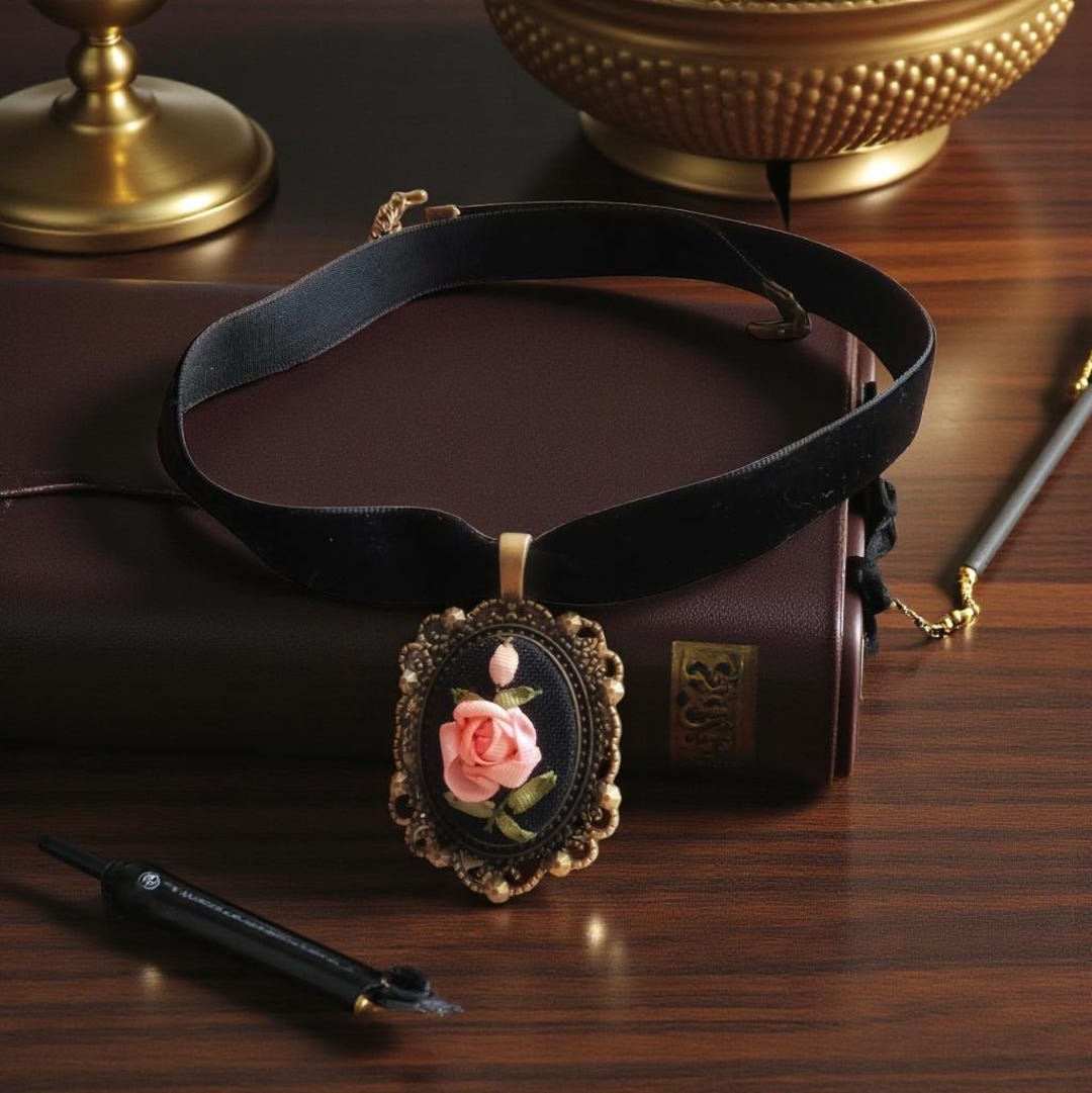 Black Velvet Choker With Rose Cameo Pendant, Gothic Victorian Necklace ...
