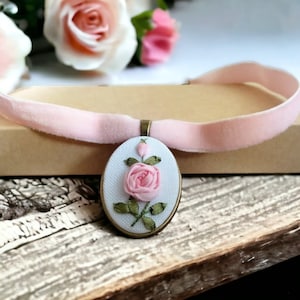 Rose cameo choker, elastic velvet collar.  Victorian style ribbon embroidered necklace. Retro look jewelry.
