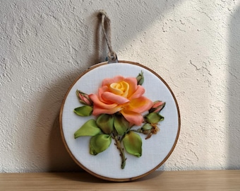 5 inch Piggy Rose Ribbon Embroidery Wall Panel, Hand Painted.