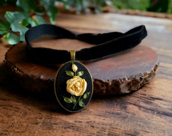 Rose Cameo Velvet Choker: Regency Silk Ribbon Embroidery Necklace