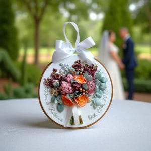 2nd 4th 12th wedding anniversary gift. Custom Bridal Bouquet Replica from Photo, Framed Ribbon Embroidery.