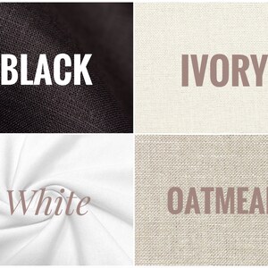 May include: A collage showcasing fabric swatches in four colors: black, ivory, white, and oatmeal. Each swatch is labeled with its respective color name in a clean, sans-serif font. The textures of the fabrics are visible.