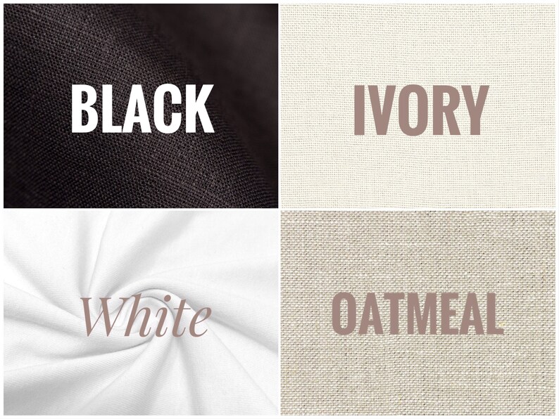 May include: A collage showcasing fabric swatches in four colors: black, ivory, white, and oatmeal. Each swatch is labeled with its respective color name in a clean, sans-serif font. The textures of the fabrics are visible.