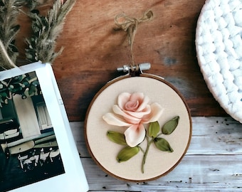 Rose Wall Decor – Ribbon Embroidery Hoop Art