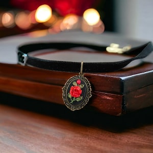 Embroidered Rose Cameo Choker: Black Velvet Victorian Necklace