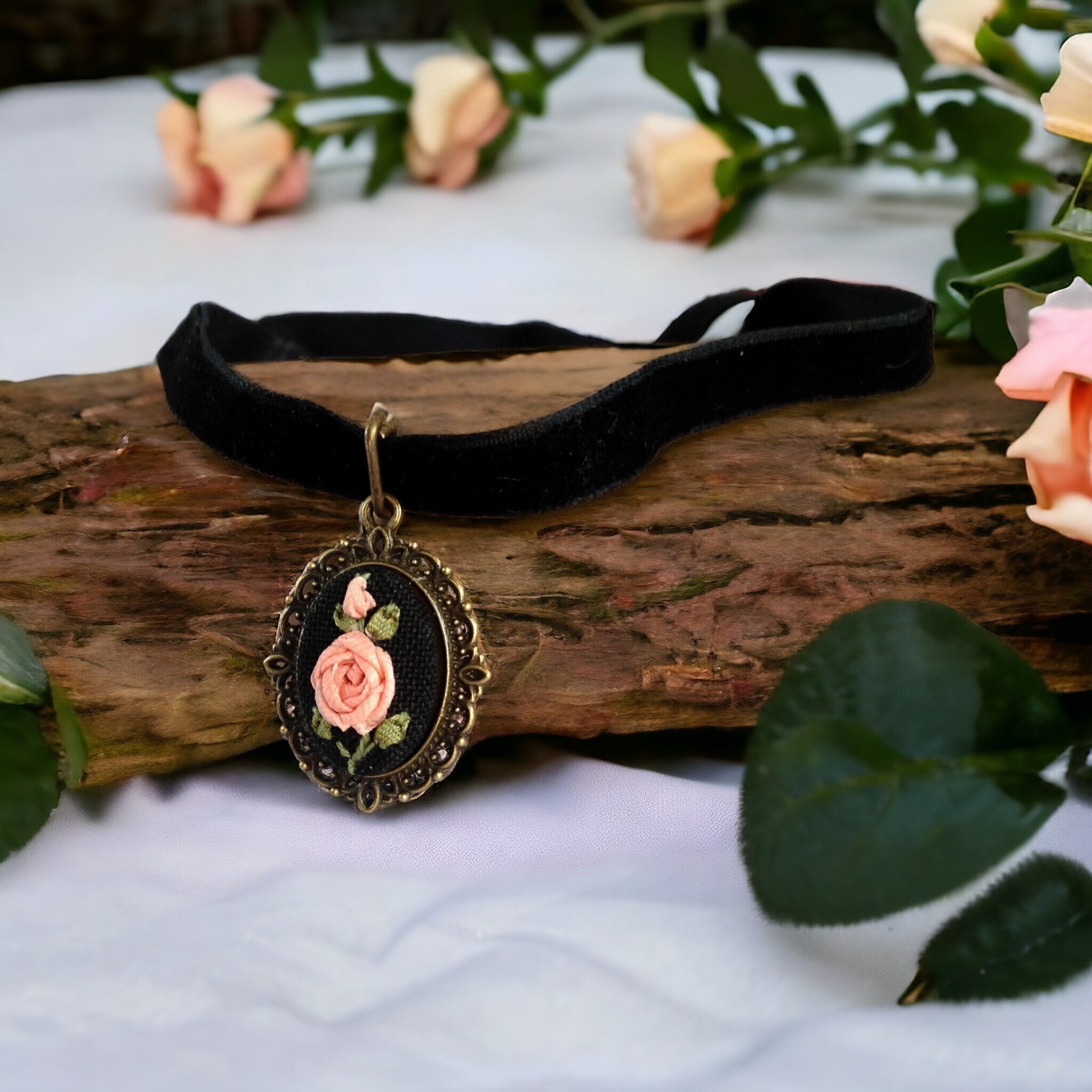 Embroidered Rose Cameo Choker: Black Velvet Ribbon Necklace