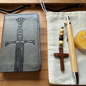 Christian Prayer Travel Kit with Compass, Notepad, Bamboo Pen, Beeswax Candle, Muslin Pouch, Baptism