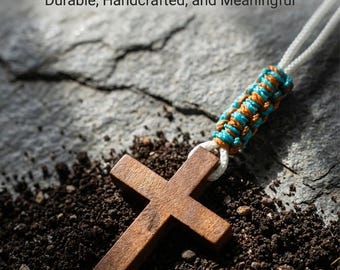 Houten kruisketting heren, minimalistische christelijke sieraden met verstelbare paracordband