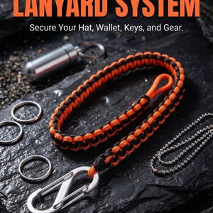 Puede incluir: Un sistema de cordón trenzado naranja y negro con un mosquetón plateado, llaveros y un pequeño recipiente plateado. El texto de la imagen dice "Rattlesnake Lanyard System" y "Secure Your Hat, Wallet, Keys, and Gear."