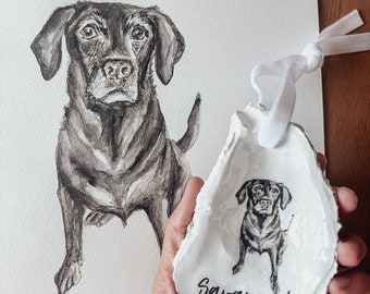 Original Watercolor painting Custom Dog with Oyster Ornament