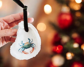 Watercolor Crab Oyster Ornament: Decoupaged Shell Ring Dish