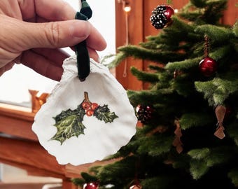 Original Watercolor Holly Berry Ornament / decoupaged