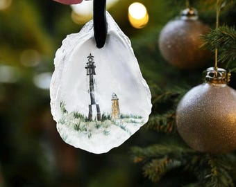 Original Watercolor Cape Henry light house Ornament Virginia Beach / decoupaged