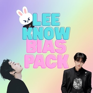 May include: A digital graphic with the text "LEE KNOW BIAS PACK" in blue and pink, with a cartoon bunny and two people. The background is a gradient of pastel colors.