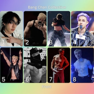 May include: A collection of eight rectangular photo cards labeled Bang Chan Collection, featuring various portraits of a person with different hairstyles, clothing, and poses, including stage performances and mirror selfies, numbered one through eight.