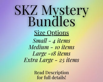 May include: A colourful background with the text "SKZ Mystery Bundles." Size options are listed: Small (4 items), Medium (10 items), Large (18 items), and Extra Large (25 items). The text "Read Description for full details!" is also included.
