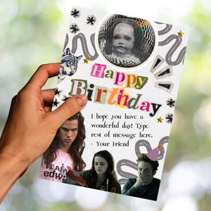 Könnte beinhalten: Eine rechteckige Geburtstagskarte mit einem Collage-Design, das eine Discokugel mit einem Puppengesicht, eine Wolfsillustration und drei Personen zeigt. Der Text lautet Happy Birthday, I hope you have a wonderful day! Type rest of message here. - Your Friend.