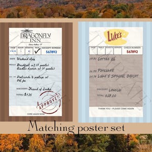May include: A matching poster set featuring two rectangular receipts. The left receipt is for Dragonfly Inn with brown stripes, while the right receipt is for Luke's with light blue stripes. Both documents display itemised lists and text.
