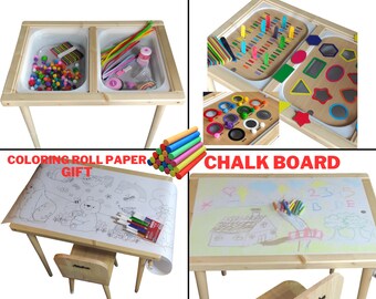 Wooden Activity Table and Chair for Kids, Montessori Play Room for Toddler, Sensory Educational Table, Preschool Learning Table for Children