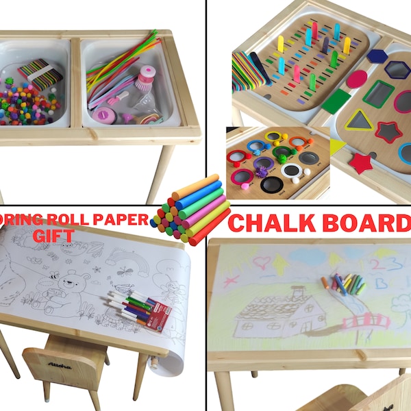 Tavolo sensoriale in legno per bambini, scrivania attività e sedia per bambini, tavolo educativo organico, mobili Montessori prescolari per bambini