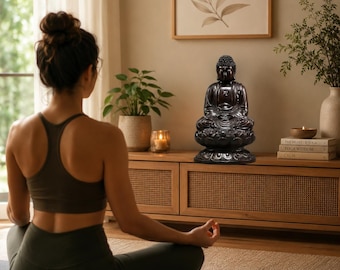 Hand Carved Sandalwood Buddha Statue, Shakyamuni Lotus Meditation Figurine, Eastern Zen Spiritual Sculpture for Home Altar Shrine Decor