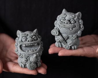 Hand Carved Stone Foo Dogs Statues, Chinese Guardian Lions Feng Shui Decor, Pair of Sandstone Shishi Figurines for Protection Wealth Gift
