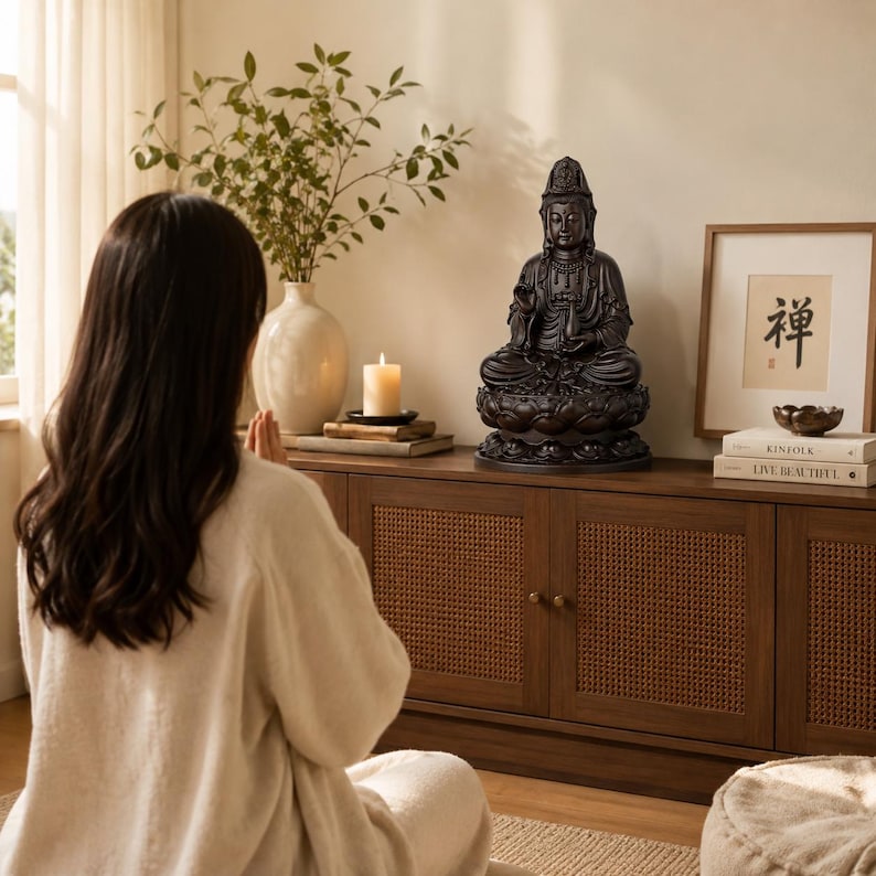 May include: A dark brown Buddha statue sits atop a wooden cabinet with woven door panels. A framed artwork with Japanese characters is visible. A lit candle and a white vase with greenery are also on the cabinet. The scene evokes a sense of peace and tranquility.