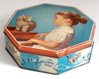 Vintage Musical Kittens Theme Gray Dunn Hexagonal Biscuit Tin with Hinged Lid, Made in Great Britain
