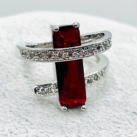 Silver Ruby red stone & diamond design ring, mark… - image 2