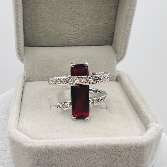 Silver Ruby red stone & diamond design ring, mark… - image 1