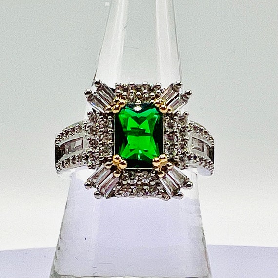 Sterling silver Emerald Diamond Statement ring, m… - image 1
