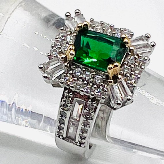 Sterling silver Emerald Diamond Statement ring, m… - image 4