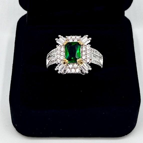 Sterling silver Emerald Diamond Statement ring, m… - image 2