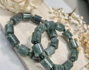 Blue Water Jadeite Bracelet | Cylinder Jade Beads | Natural Jadeite Jewelry Gift
