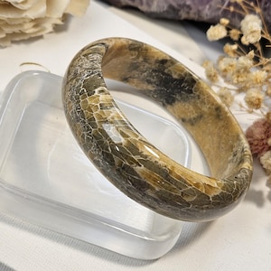 May include: A polished, rounded bangle bracelet featuring a complex, multi-tonal pattern of tan, brown, and dark gray, resembling a fossilized or organic texture. The surface is smooth and glossy, with the text Momokbymo visible in the corner.