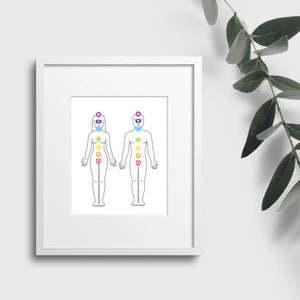 Puede incluir: Dibujo de línea de dos figuras con siete chakras, o centros de energía, representados en diferentes colores. Los chakras se encuentran en la corona, el tercer ojo, la garganta, el corazón, el plexo solar, el sacro y la raíz.