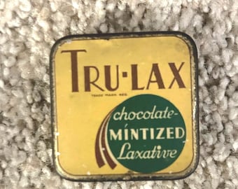 Vintage Tru-Lax Chocolate Mint Laxative Tin – 1940s Pharmacy Collectible with Original Instructions – Newark NJ