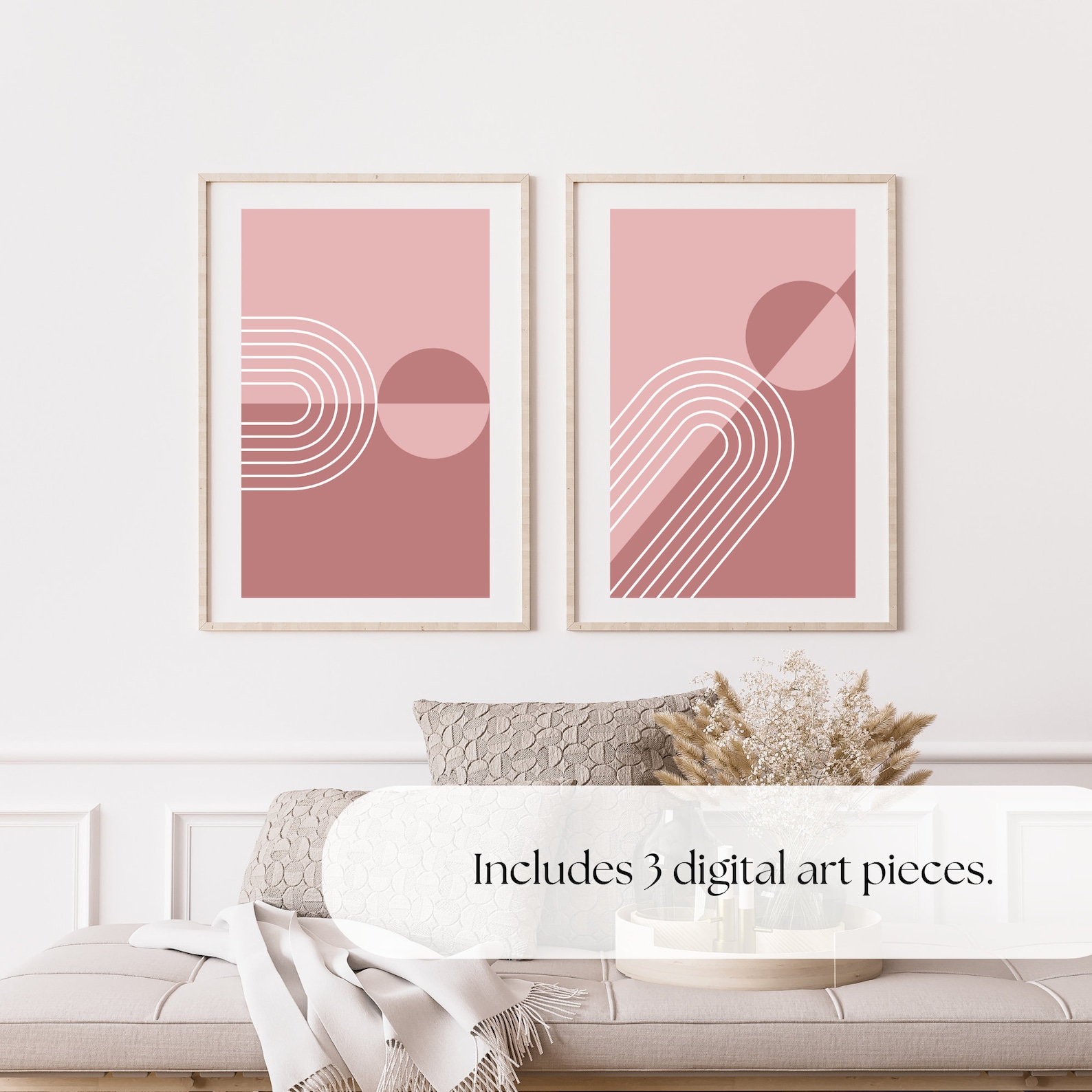 Mid-century Modern Art Set of 3 Boho Art Prints Pink Wall Art Mauve ...