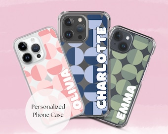 Funda para iPhone con nombre personalizado Funda transparente personalizada Funda geométrica para iPhone Funda personalizada con monograma Funda para teléfono con nombre Funda para teléfono rosa Regalo para ella