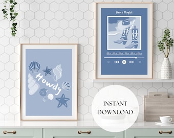 Coastal Cowgirl Wall Art Blue Cowboy Boots Print Howdy Wall Art Coastal Beach Decor Blue Dorm Art Trendy Coastal Granddaughter Wall Art