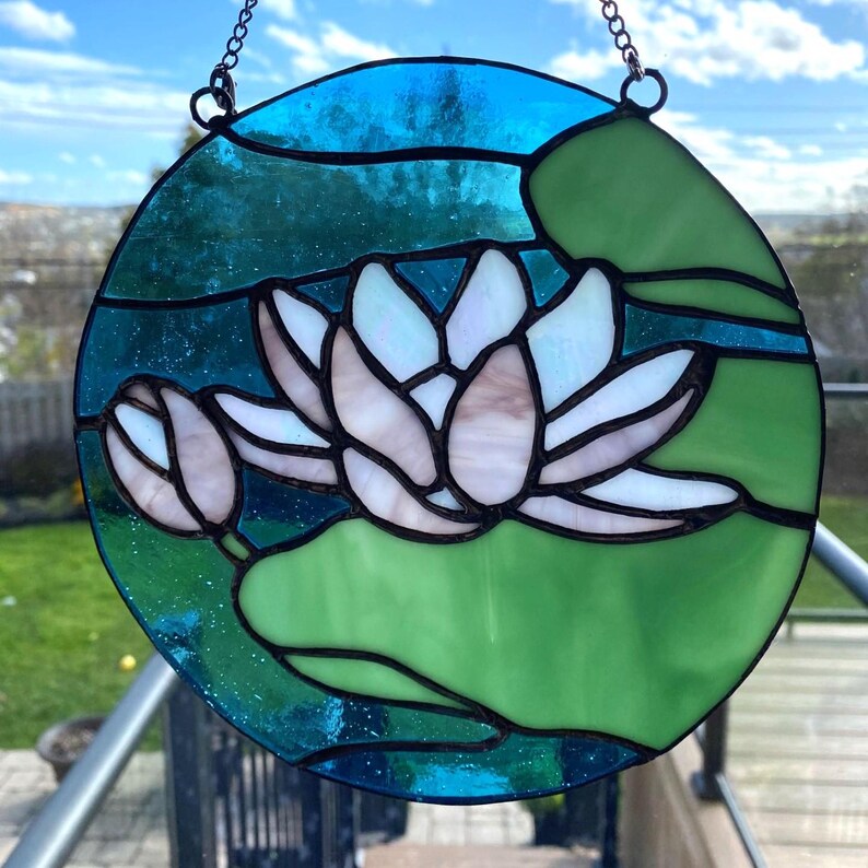 Stained Glass Water Lily Suncatcher With Iridescent Petals Etsy