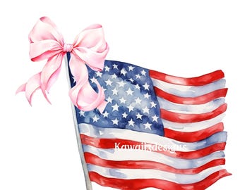 Preppy American Flag PNG Preppy Bow Flag Patriotic Clip Art Fourth of July Preppy Grandmillenial 4th of July download watercolor