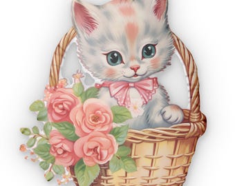 ヴィンテージ子猫猫柄花柄クッション - ホームデコレーションアクセント、女性へのギフト、カスタム形状クッション、装飾クッション、猫好きへのユニークなプレゼント