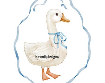 May include: A white goose with a blue ribbon around its neck, standing in a blue ribbon frame. The goose is facing to the right and has a light brown beak.