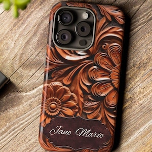 Western Boho Leather Look Phone Case, Leather Floral Design iPhone Samsung Google Pixel Cell Cover Tough Phone Case, Impact Resistant