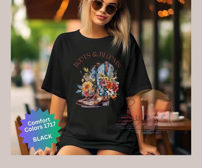 T-shirt med vintage-motiv från Cowboy Boots & Blooms, vildblomma, cowgirl-t-shirt, västerländsk blommig t-shirt, lantlig lada-t-shirt, rustik rodeo-tröja bild 5