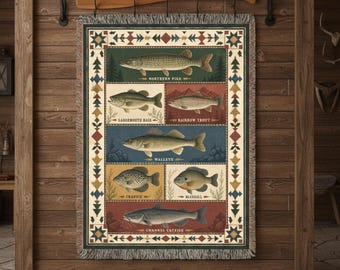 Fishing Woven Blanket, Fish Species Throw, Cabin Decor Blanket, Fisherman Gift, Rustic Lodge Blanket